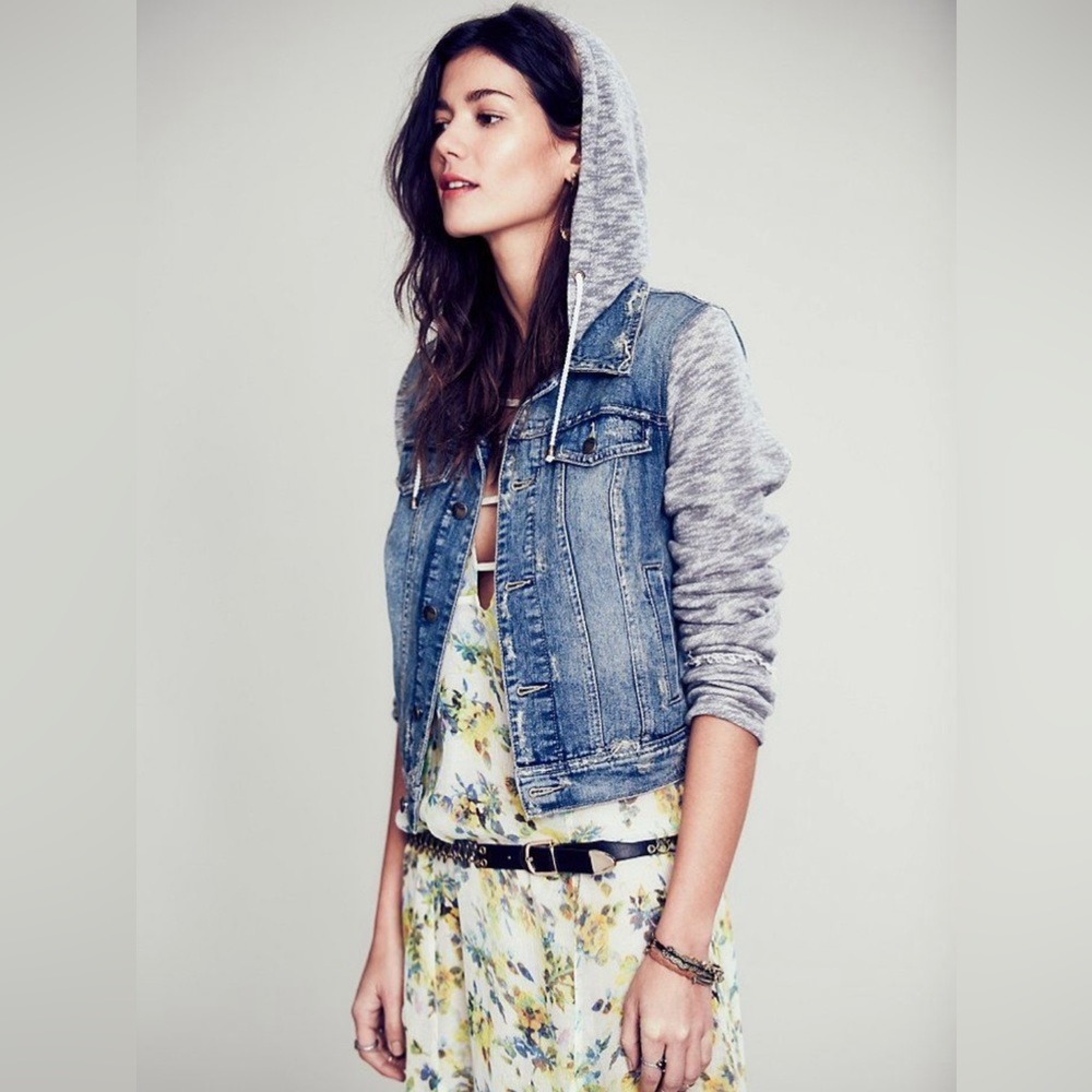 Free People Distressed Denim Hoodie Jacket